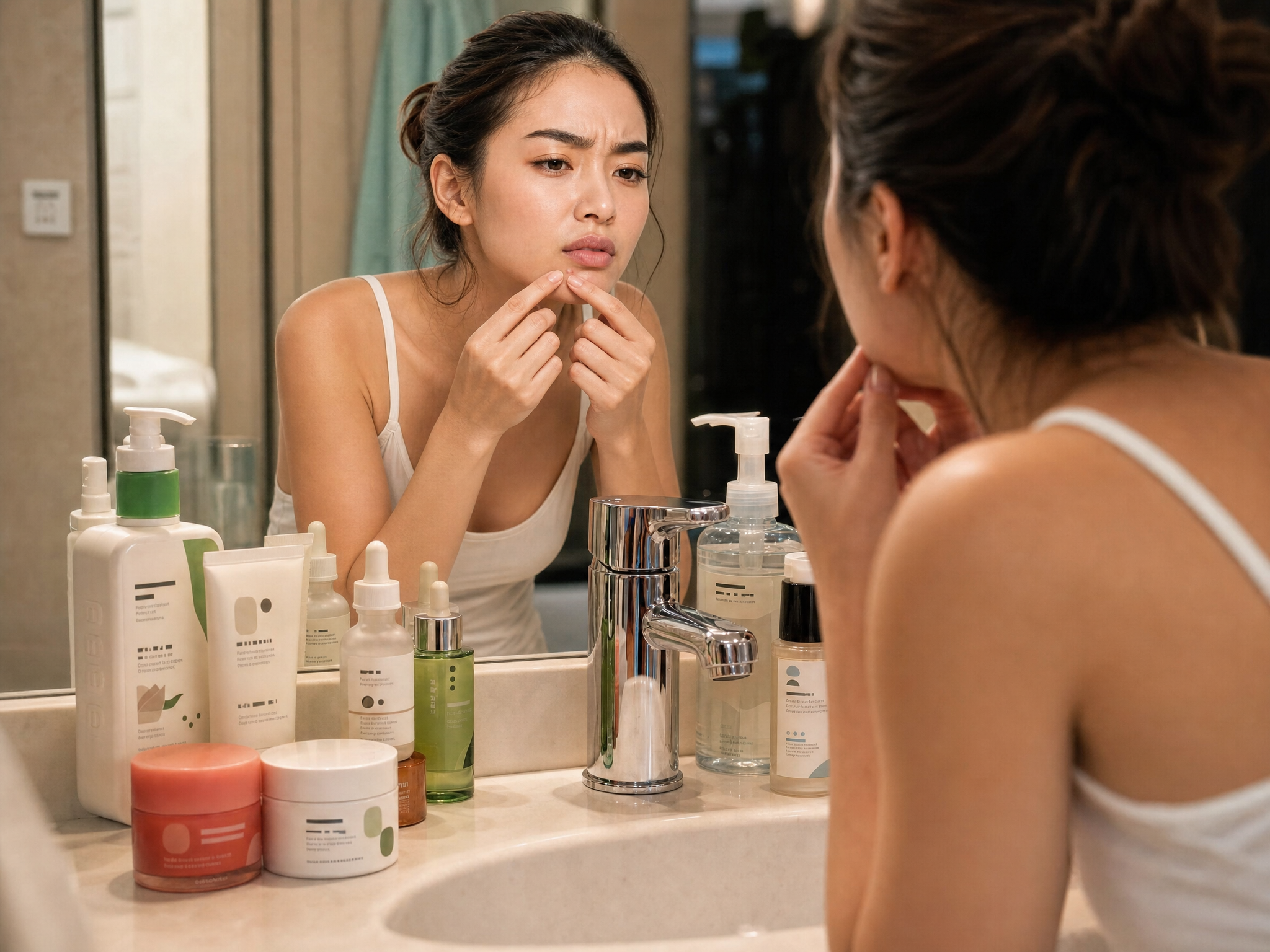 Woman examining a breakout in the bathroom mirror