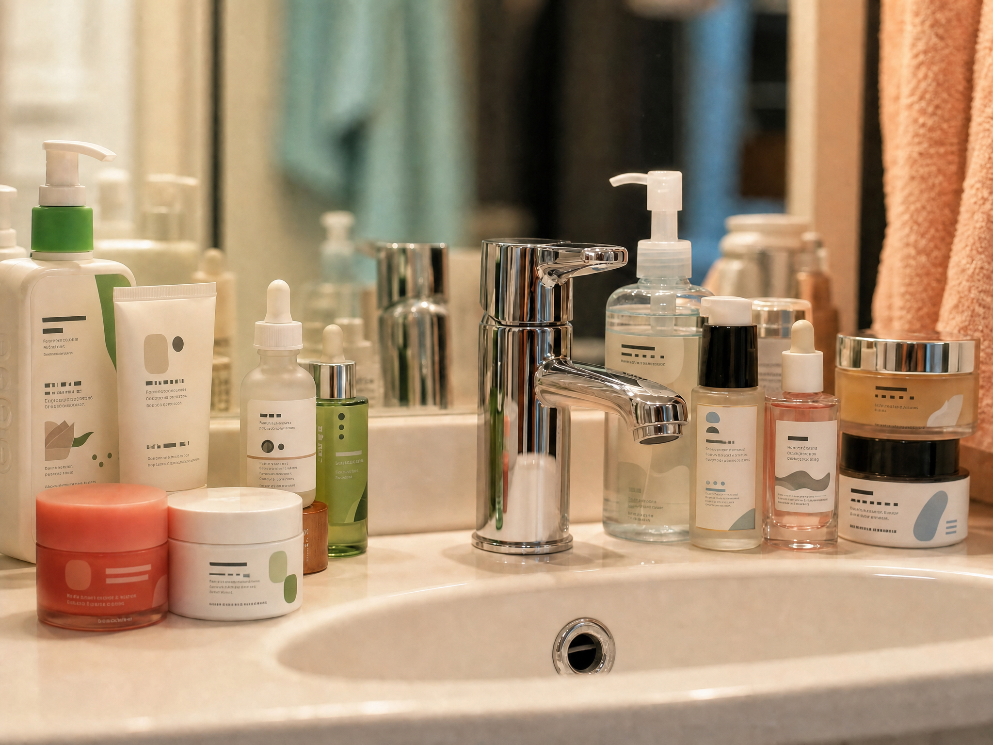 Crowded collection of skincare products around a bathroom sink