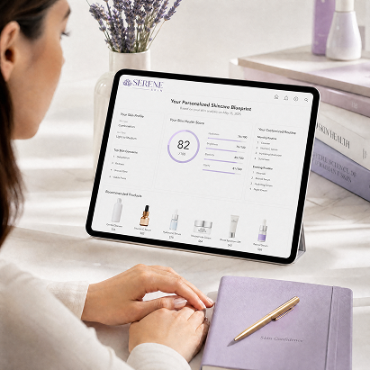 Tablet showing a skincare blueprint beside a purple notebook