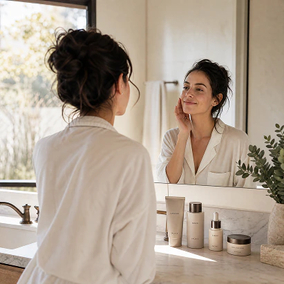Woman in a white robe looking into a bathroom mirror