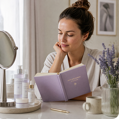Woman reading a purple skincare book beside skincare products